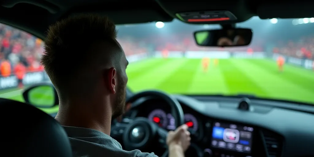 a man with a mohawk sitting in a car looking at a soccer field on a television screen in the backgro