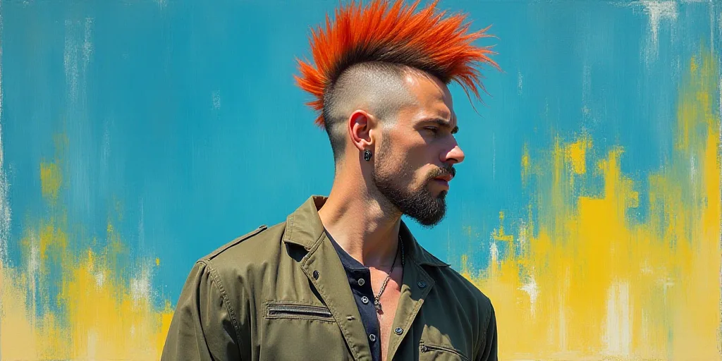 a man with a mohawk standing in front of a blue and yellow background with a black and white photo,