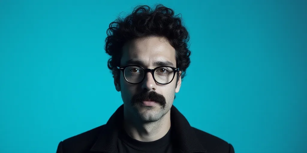 a man with a mustache and glasses is in front of a blue background with a black and white photo, Cá