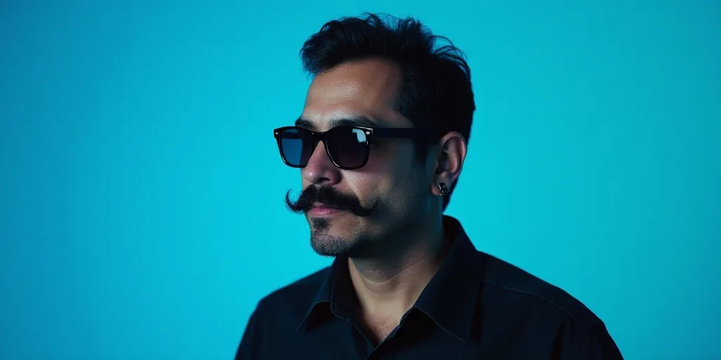 a man with a mustache and glasses is in front of a blue background with a black and white photo, Cá