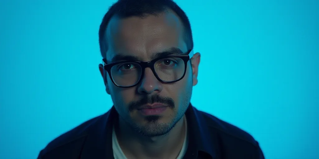 a man with a mustache and glasses is in front of a blue background with a black and white photo, Cá
