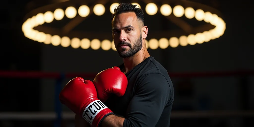 a man with a red boxing glove in his hand and a ring of lights behind him in the background, Charles