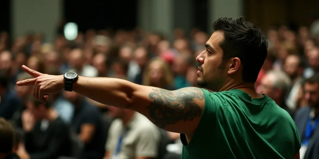 a man with a tattoo on his arm is pointing at something in front of a crowd of people at a conventio