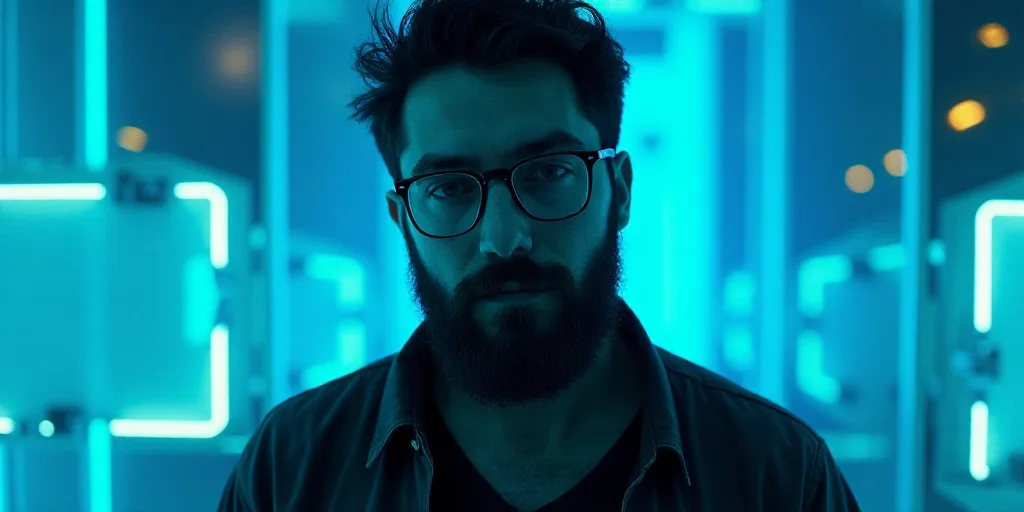 a man with glasses and a beard in front of a blue background with a black and yellow border and a bl