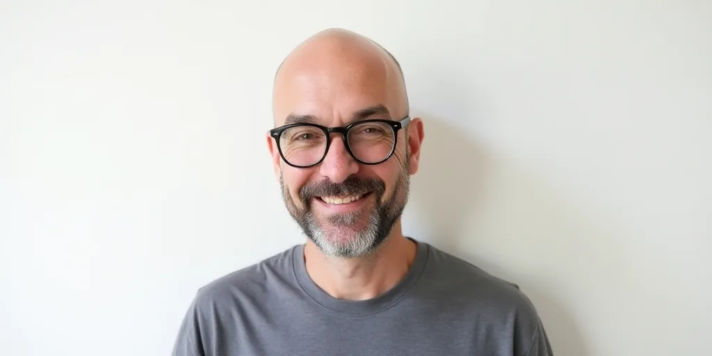 a man with glasses and a beard is smiling for the camera with a white background behind him and a wh
