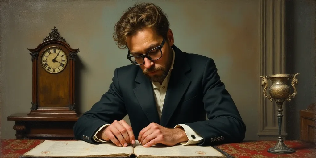 a man with glasses and a suit jacket looking at something on a table with a clock behind him and a w