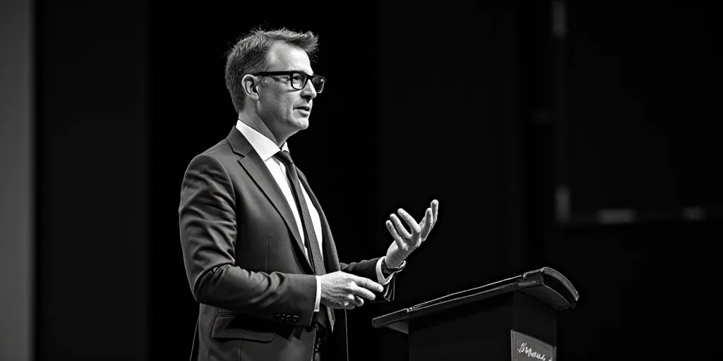 a man with glasses and a suit jacket is making a speech with his hands in his pockets and a tie on,