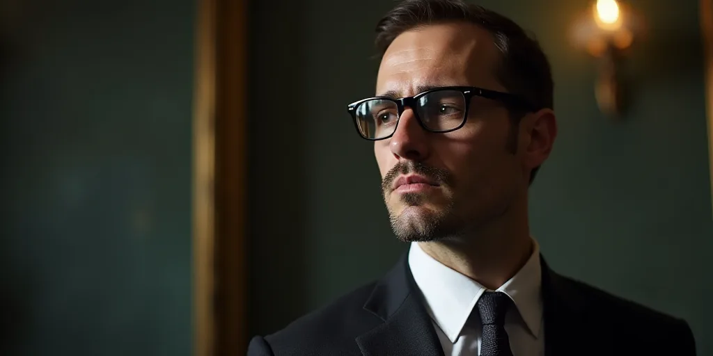 a man with glasses and a suit on is looking off to the side with a serious look on his face, Elias G