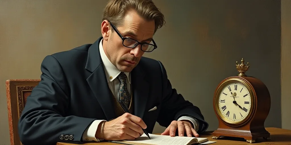 a man with glasses and a suit jacket looking at something on a table with a clock behind him and a w
