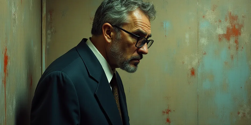 a man with glasses and a suit jacket looking at something on the wall behind him with a serious look