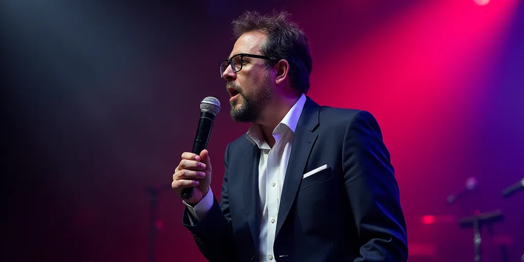 a man with glasses on singing into a microphone at a concert with a microphone in his hand and a mic