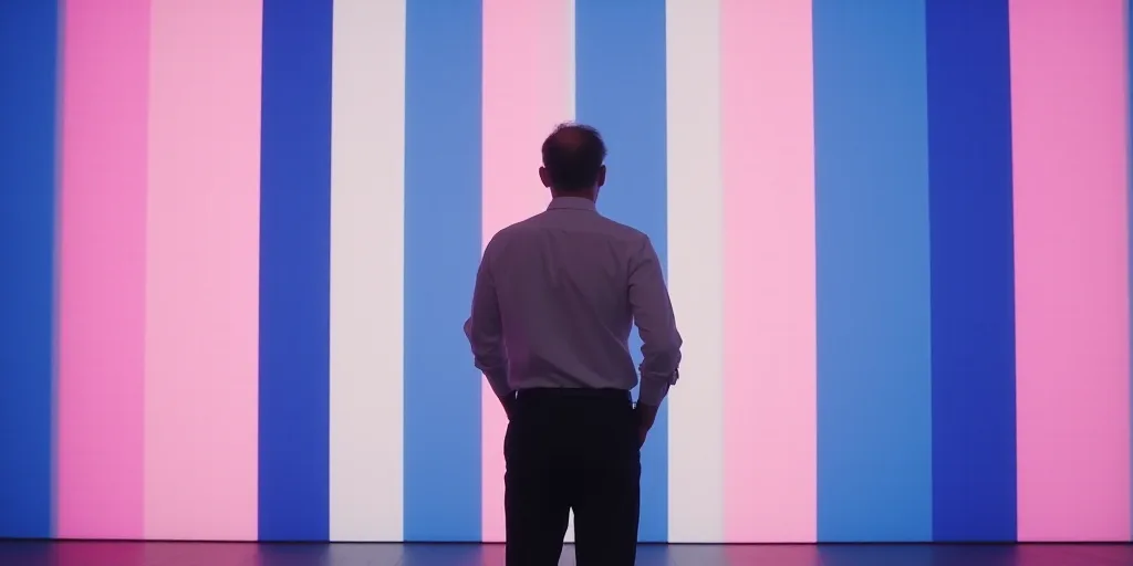 a man with glasses standing in front of a large blue and pink striped wall with a large pink and blu