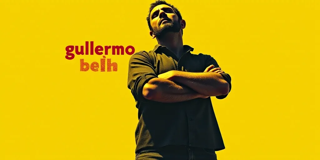 a man with his arms crossed and a yellow background with the words gullermo di bella on it, Byron Ga
