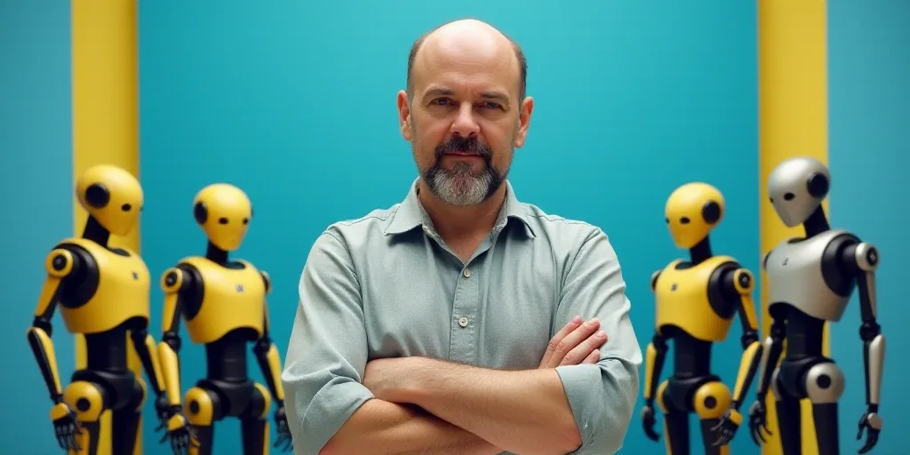 a man with his arms crossed in front of a blue background with a yellow border and a black and white