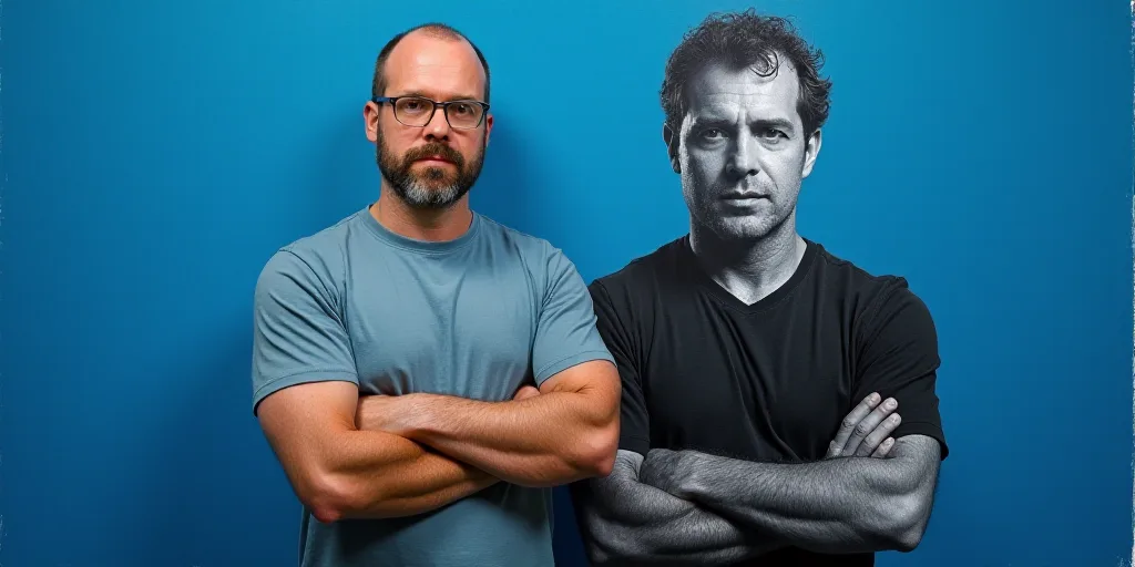 a man with his arms crossed standing in front of a blue background with a black and white photo of h