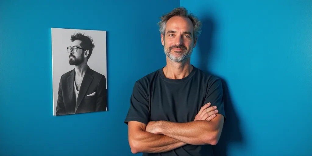 a man with his arms crossed standing in front of a blue background with a black and white photo of h