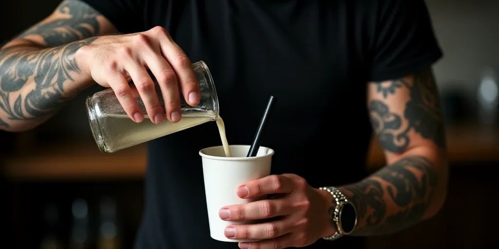 a man with tattoos pouring a drink into a cup with a straw in it and a coffee mug in the other hand,