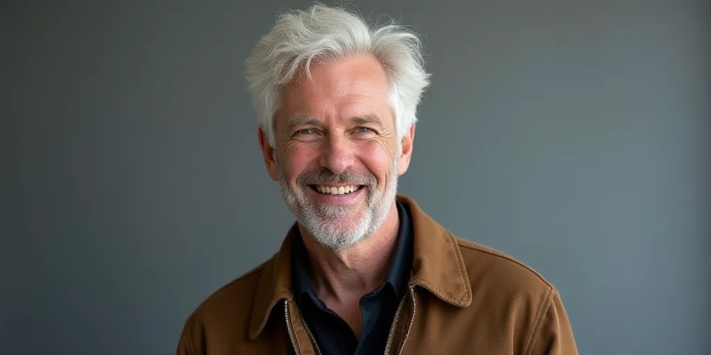 a man with white hair and a brown jacket smiling at the camera with a gray background behind him and