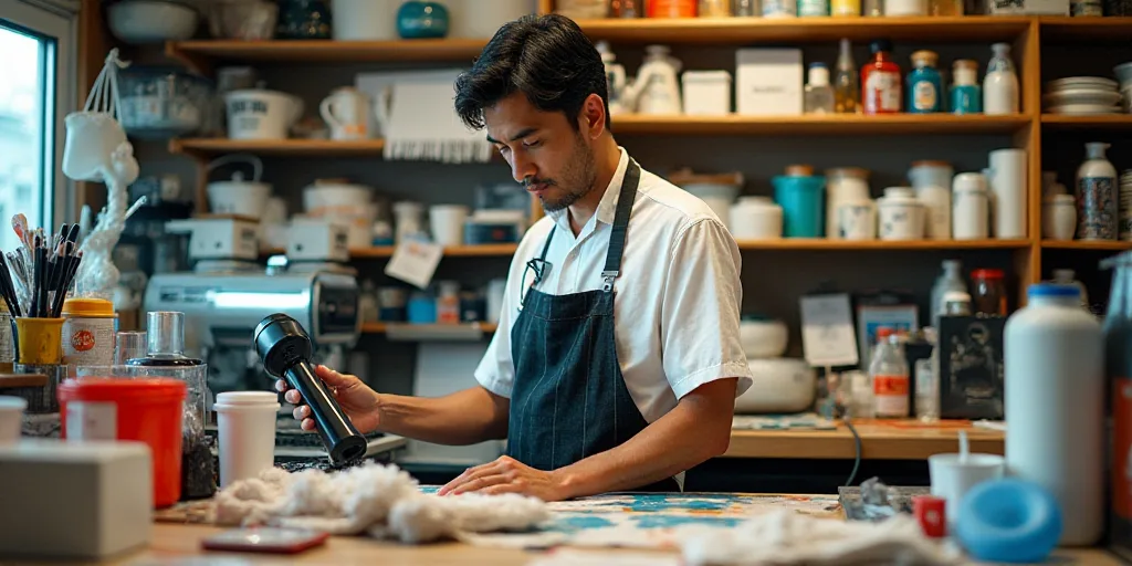 a man working in a store with a lot of items on the counter and a large blow dryer, Aya Goda, japan,