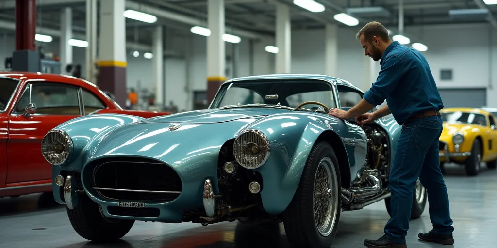a man working on a car in a factory with other cars in the background and a man in the foreground, D