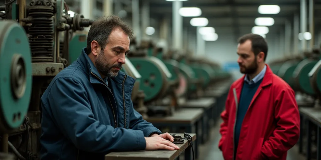 a man working on a machine in a factory with other machinery in the background and a man in a red ja
