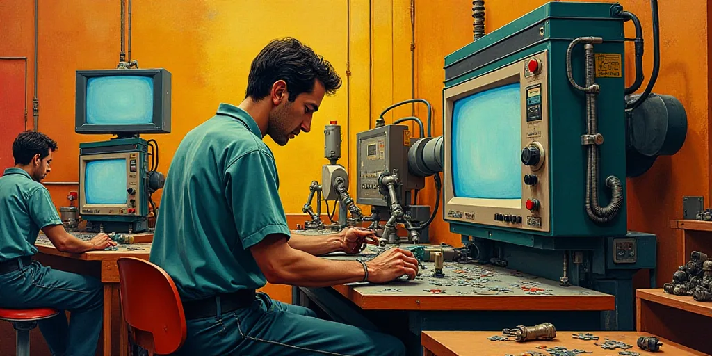 a man working on a machine in a factory with other workers nearby and a monitor on the wall behind h