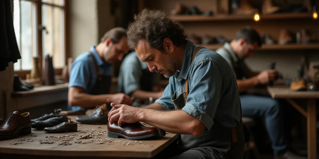 a man working on a pair of shoes in a shop with other men working on the shoes in the background, Ce