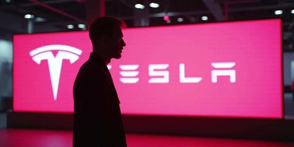 a man's silhouette is shown in front of a pink sign with the word tesla on it and a silhouette of a