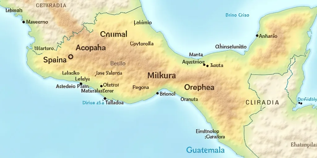 a map of the region of guatemala with the names of the towns and towns in the country of guatemala,