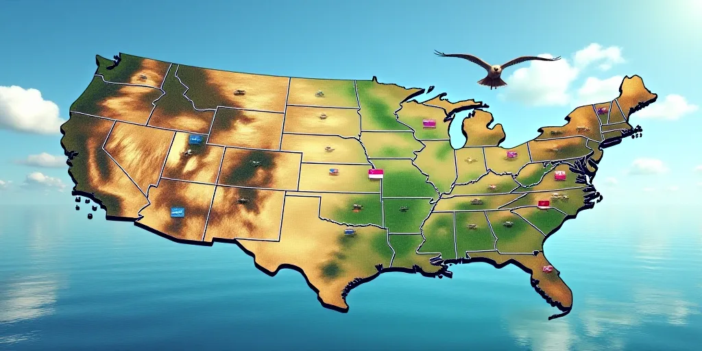 a map of the united states with flags and a bird flying over it in the sky above the water, Evelyn A