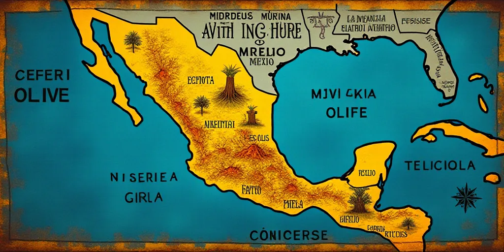 a map with a blue background and a yellow border with words in spanish and english, and a map of mex