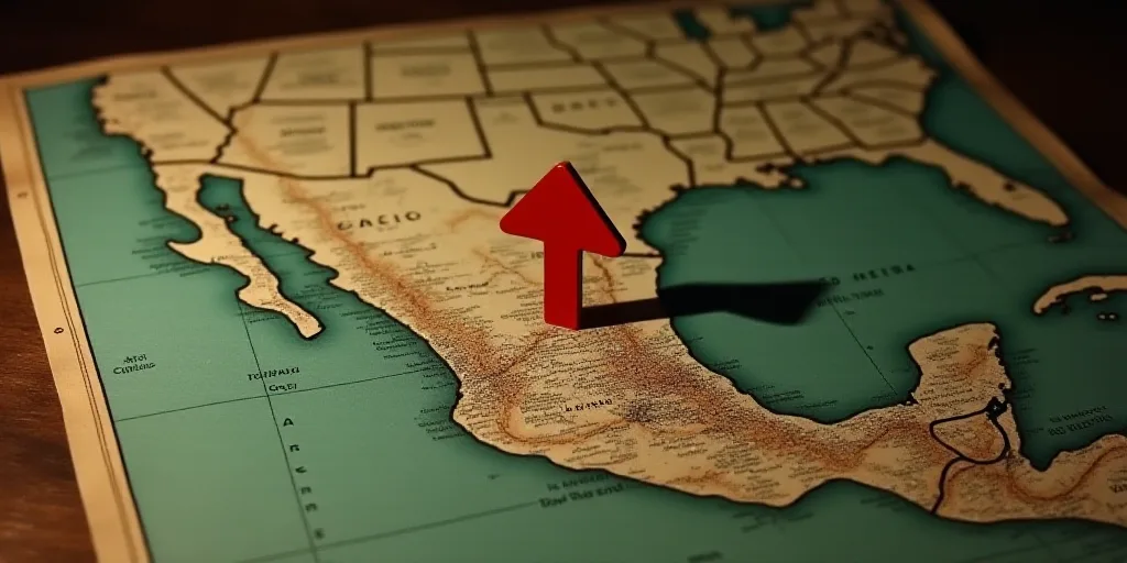 a map with a red arrow pointing to the top of it and a map of mexico in the background, Ada Gladys K