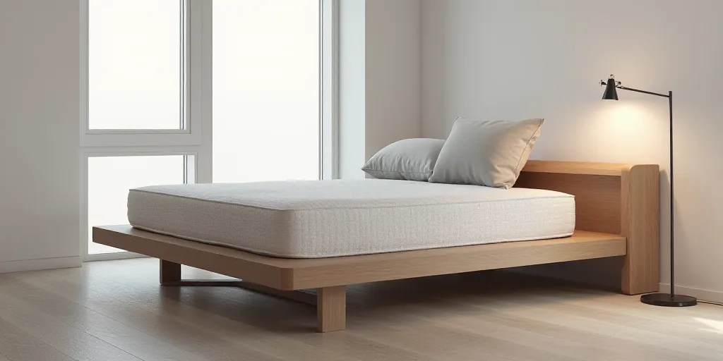 a mattress sitting on top of a bed frame in a room with a window and a lamp on the side, Christian H