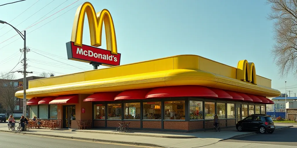 a mcdonalds restaurant with a large yellow sign above it's entrance and a mcdonald's sign above it,