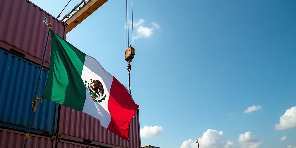 a mexican flag hanging from a crane in a container yard with a blue sky in the background and a blac