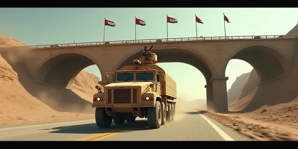 a military vehicle driving under a bridge with flags flying above it and a military vehicle driving