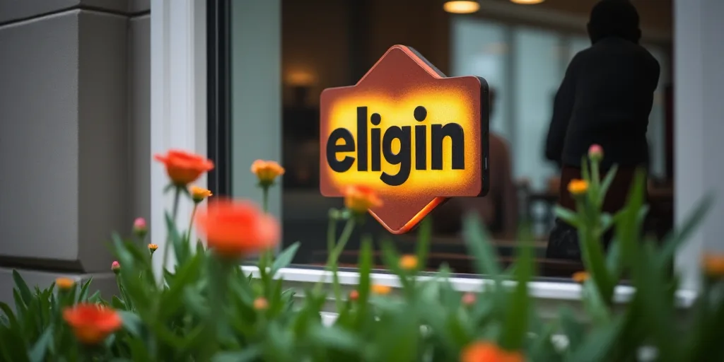 a modern sign is seen through the window of a building with flowers in the foreground and a blurred