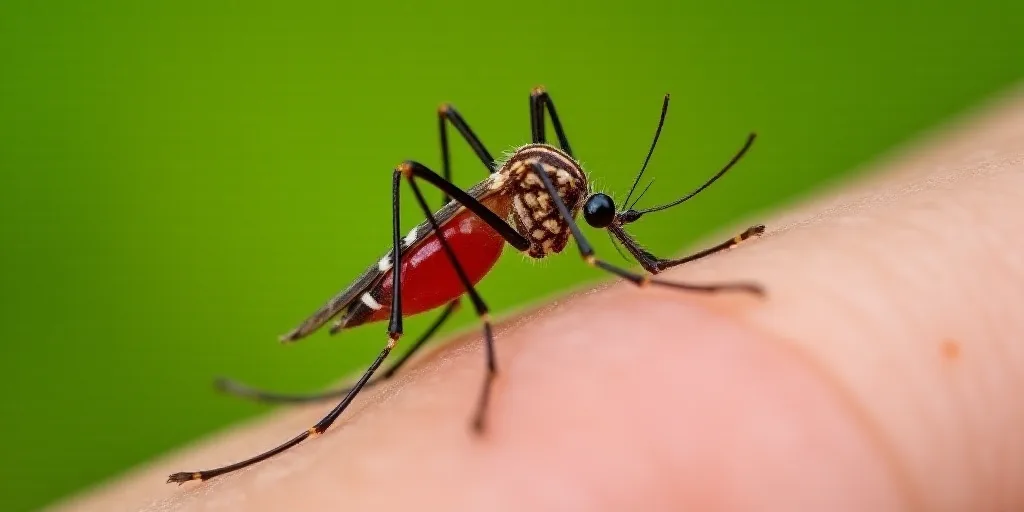 a mosquito on a human's skin with a red spot on it's body and a green background, Aquirax Uno, macro
