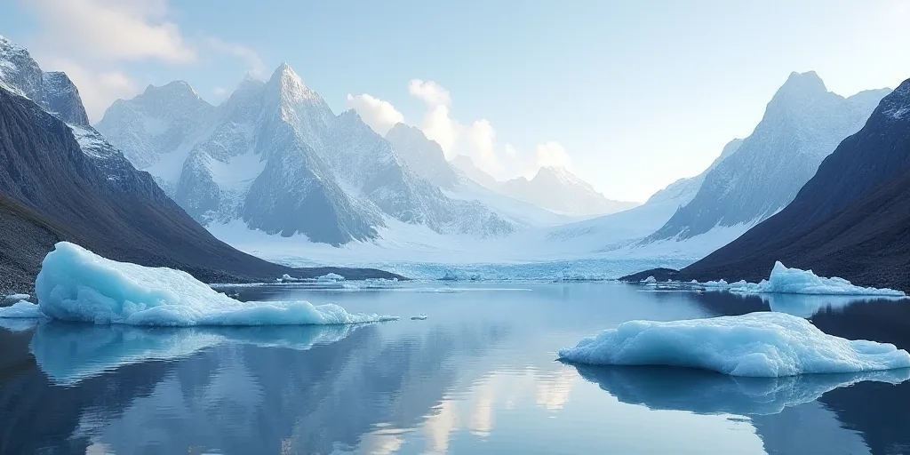 a mountain range is reflected in the water of a lake with ice floes and ice chunks floating on the w