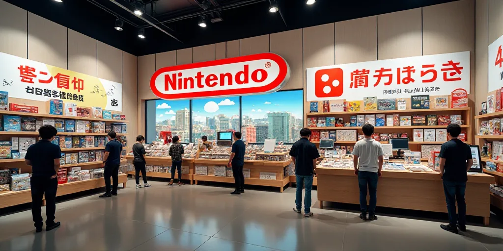 a nintendo store with a bunch of advertisements on the wall and people standing around the store are
