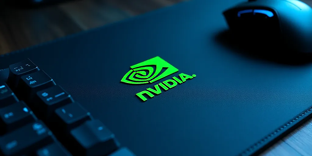 a nvidia logo on a computer keyboard and mouse pad with a blue background and a green and white logo