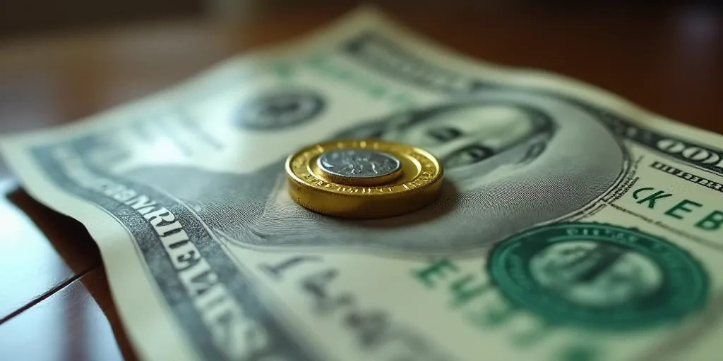 a one dollar bill with a gold and silver coin on top of it, with a reflection on the table, Aquirax
