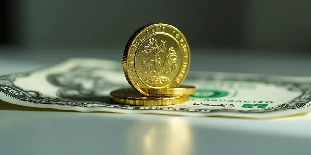 a one dollar bill with a gold and silver coin on top of it, with a reflection on the table, Aquirax