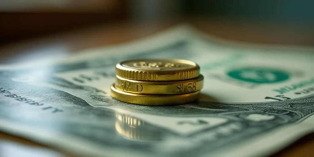 a one dollar bill with a gold and silver coin on top of it, with a reflection on the table, Aquirax