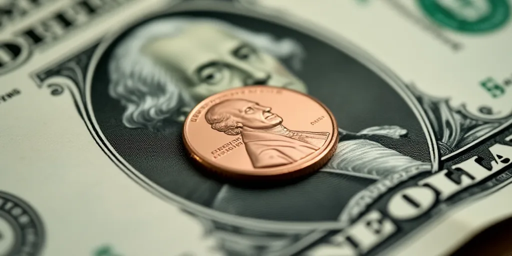 a one dollar bill with a penny on top of it, with the image of george washington on it, Charles Frem