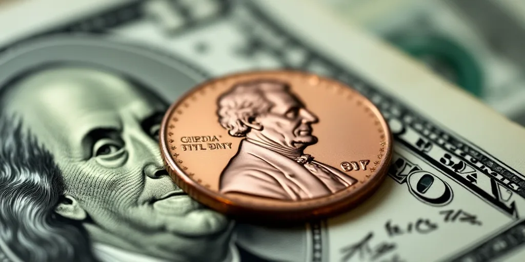 a one dollar bill with a penny on top of it, with the image of george washington on it, Benjamin Fra