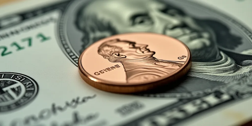 a one dollar bill with a penny on top of it, with the image of george washington on it, Benjamin Fra