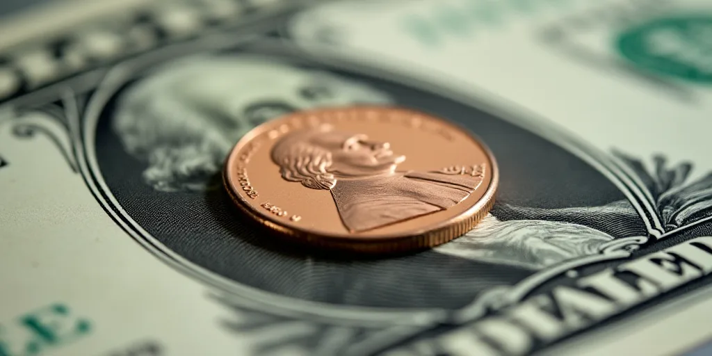 a one dollar bill with a penny on top of it, with a picture of george washington on it, Charles Frem