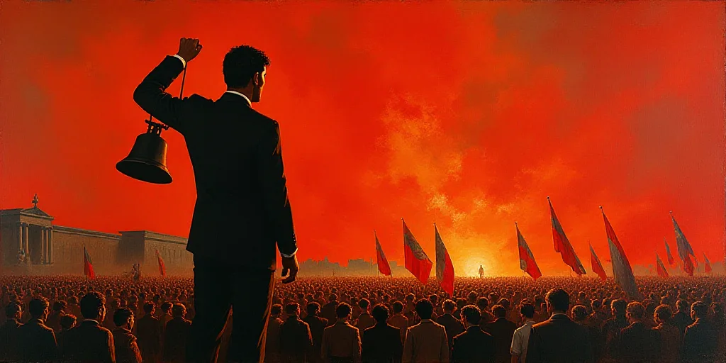 a painting of a man holding a bell with a crowd of people in the background behind him and a red sky