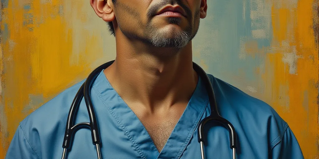 a painting of a man with a stethoscope on his neck and a blue shirt on his shirt, David Alfaro Sique